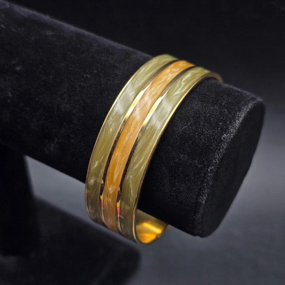 Monet Enamel Bangle Bracelet Coral Gray Beige Gold Tone Vintage